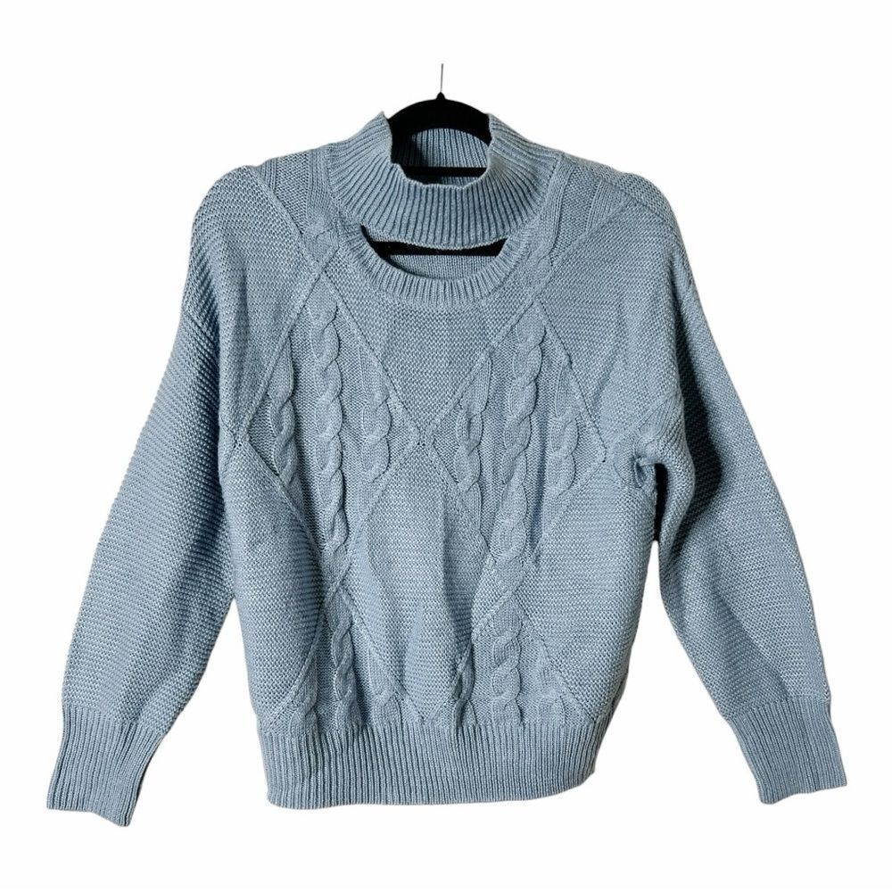 Steve Madden Womens Blue Cable Knit Front Keyhole Balloon Sleeves Sweater Medium
